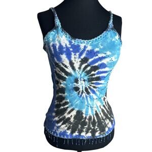 Y2k Handmade Tie Dye Beaded Crochet Cami Top Womens Sz M Blue Black Boho Hippie